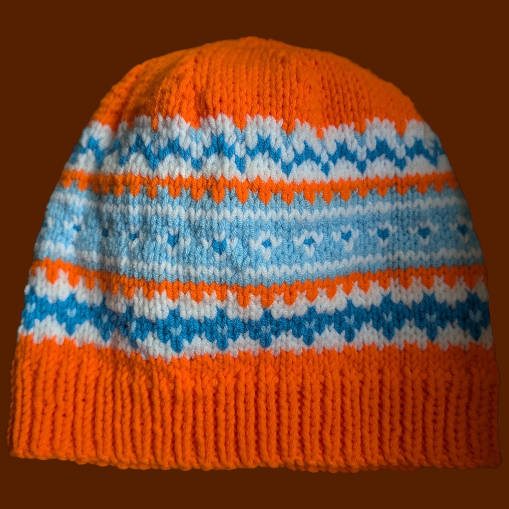 Hand-Knit Fair Isle Beanie – Orange, Blue & White – Adult Size XS / Teen - Picture 2 of 3